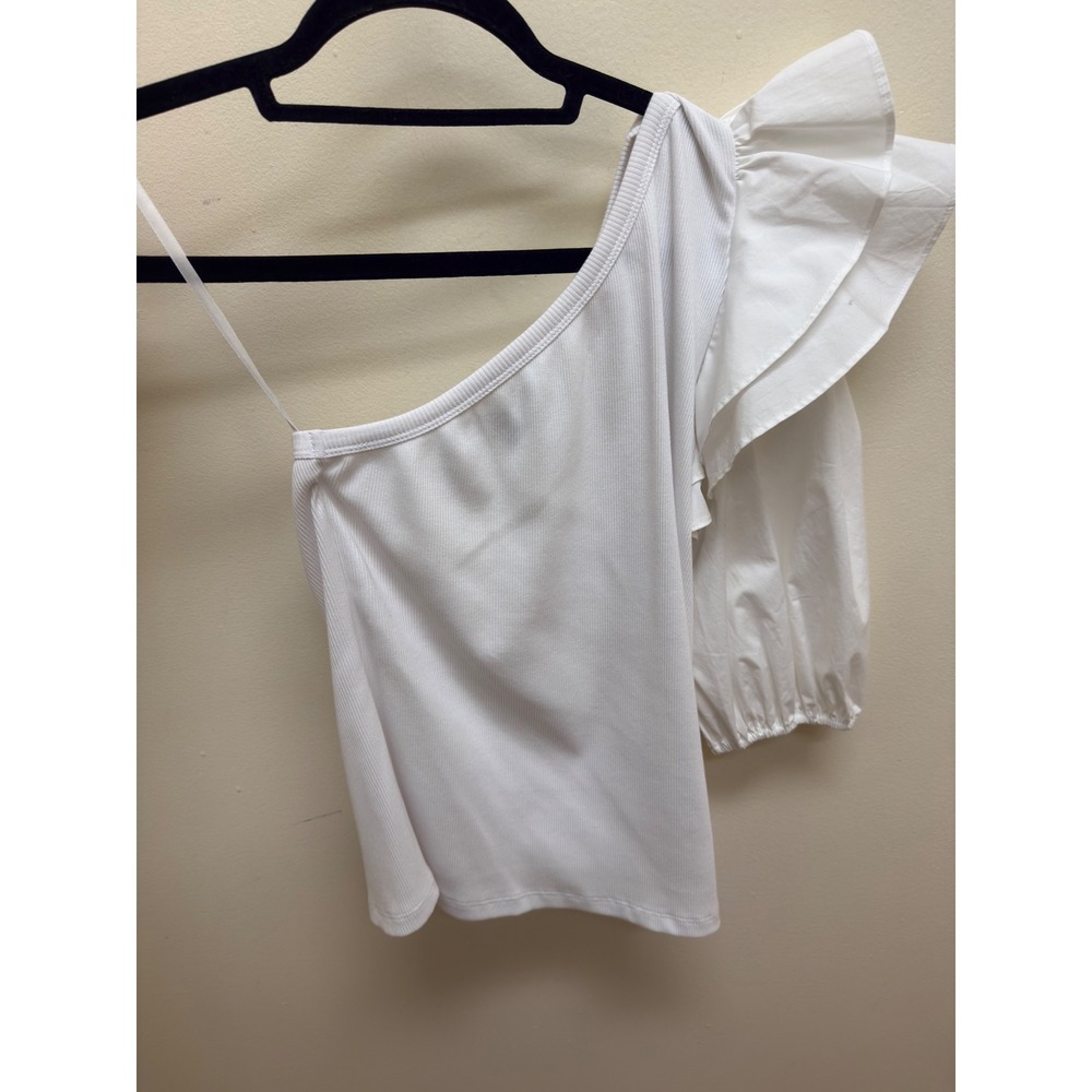 Veronica Beard Diantha One-Sleeve Ruffled Poplin Ribbed Cotton Jersey Top White - Picture 3 of 4